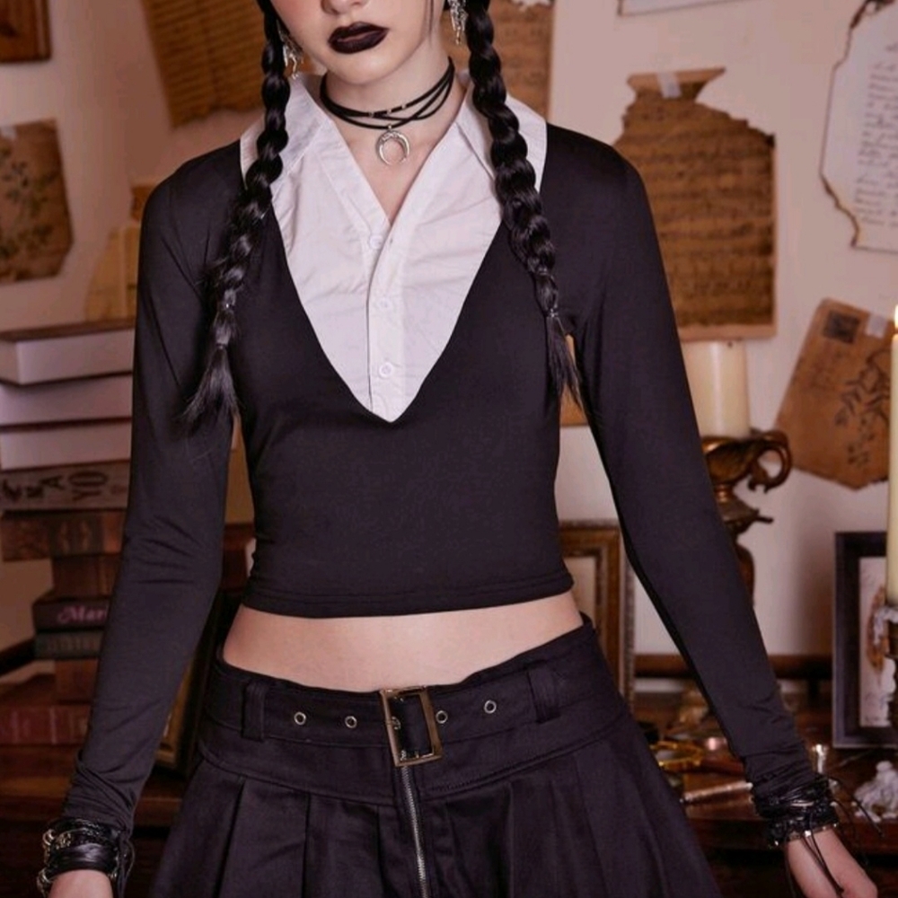 ROMWE Academia Contrast Collar Crop Tee